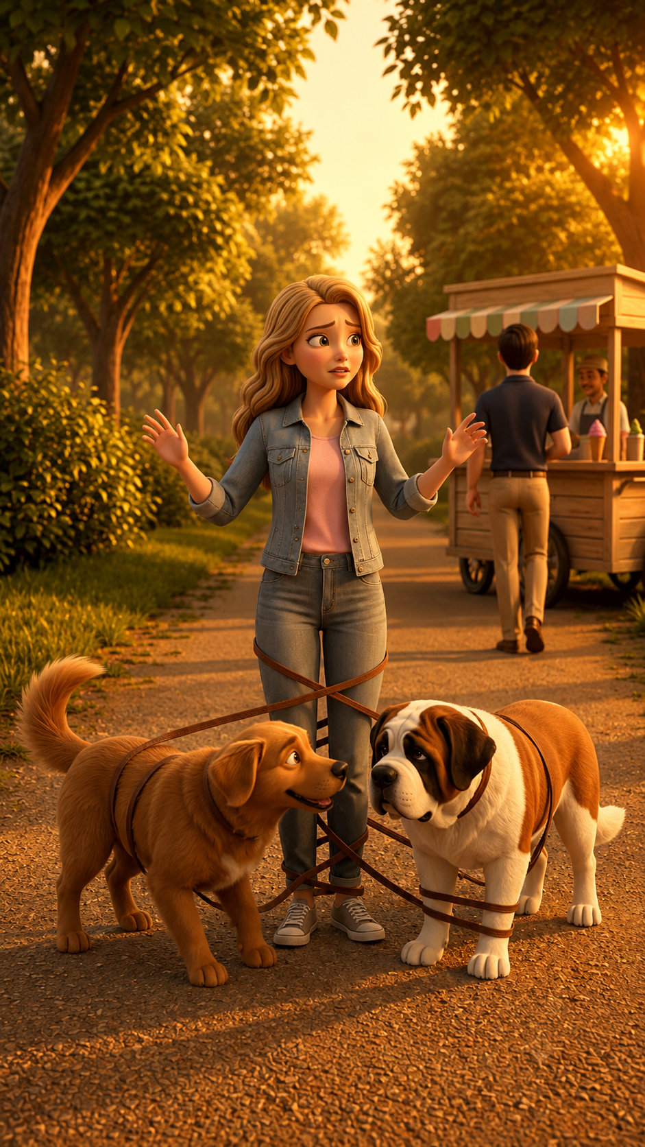 Frustrated dog owner dealing with tangled leashes